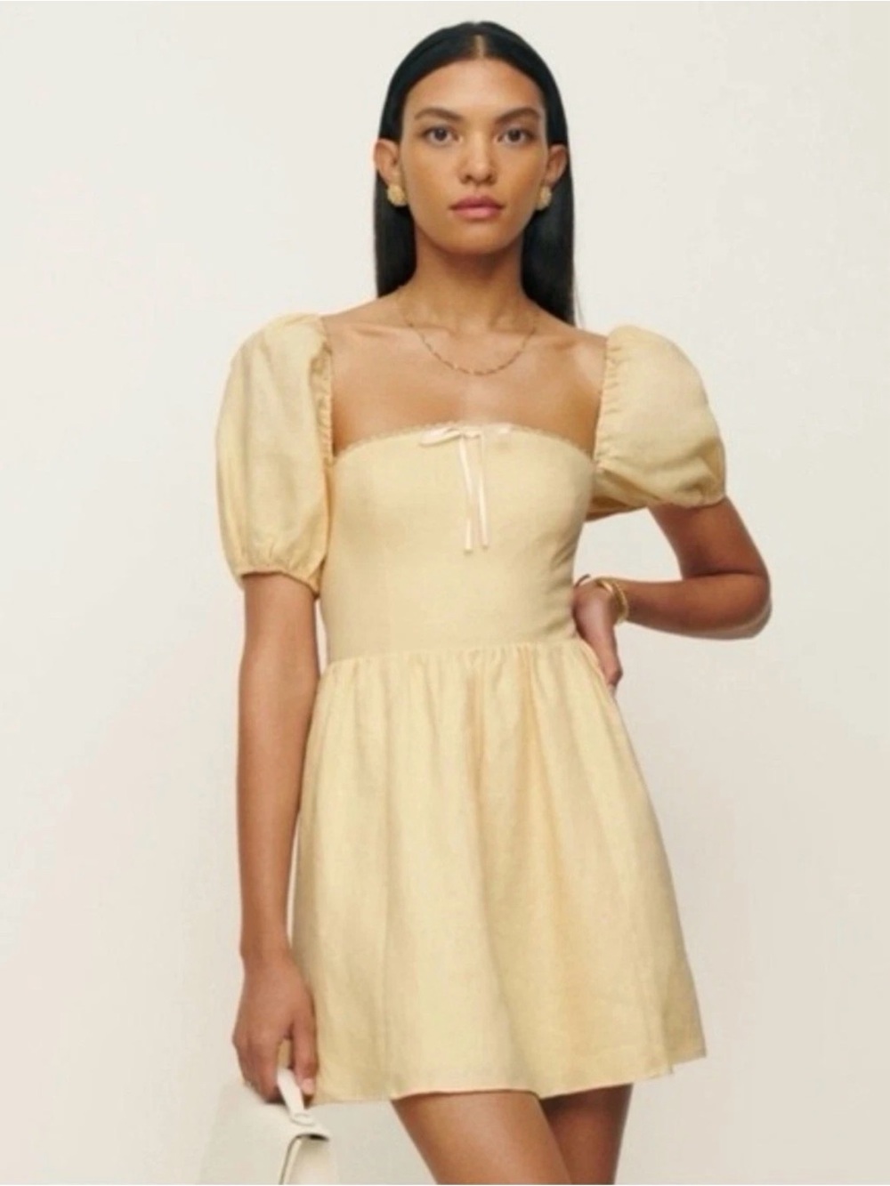 Reformation Malvina Butter Yellow Linen Puff Sleeve Mini Dress M/10